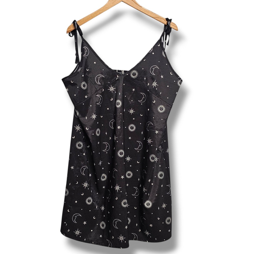 Skinny Dip Slip Dress XL Black Celestial Sun Moon Star Satin Whimsigoth Witchy